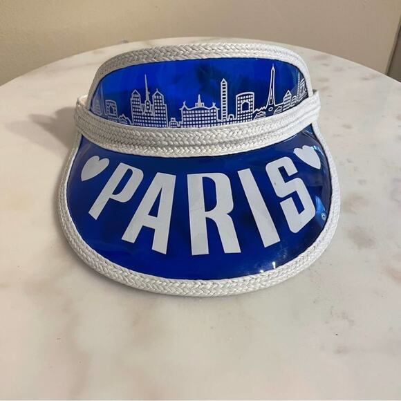 Vintage Paris Visor clear heart cityscape white blue elastic band - Picture 1 of 3